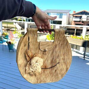 Vintage Mid Century Natural Fiber Purse Floral Applique Wood Handle